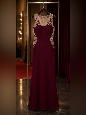 Beaded Illusion Neckline Prom Dress in Burgundy